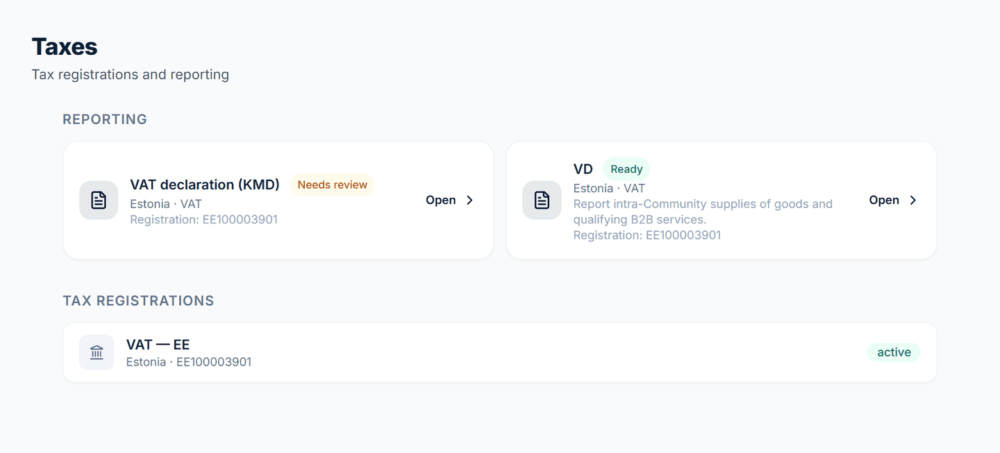 IQounting taxes workspace with KMD and VD declaration cards and a VAT registration